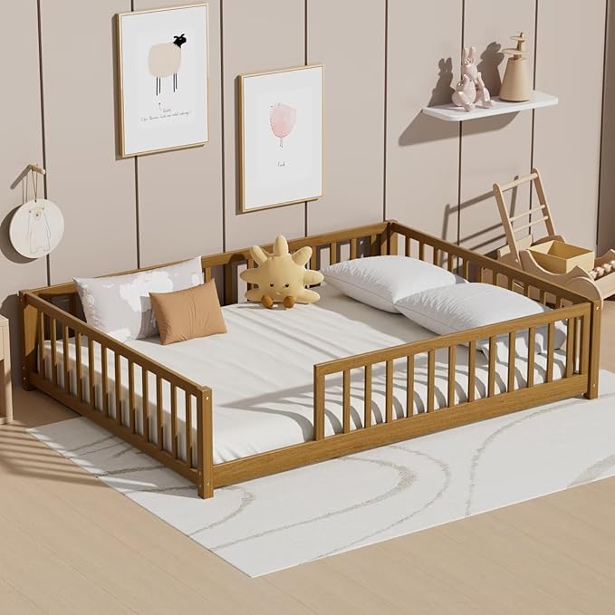 LLS Full Floor Bed for Kids Toddlers, Solid Wood Multifunctional Montessori Bed Frame with Safety Guardrails, Without Door, Easy Assemble,Light Espresso