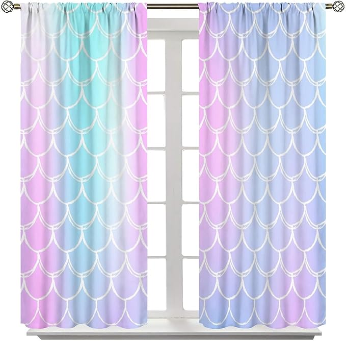 Fantasy Mermaid Curtain Rainbow Mermaid Scales Purple Pink Blue Ocean Theme Dream Blackout Window Treatment for Kids Boys Girls Bedroom Nursery Room Decor Rod Pocket Window Drapes 42x63in