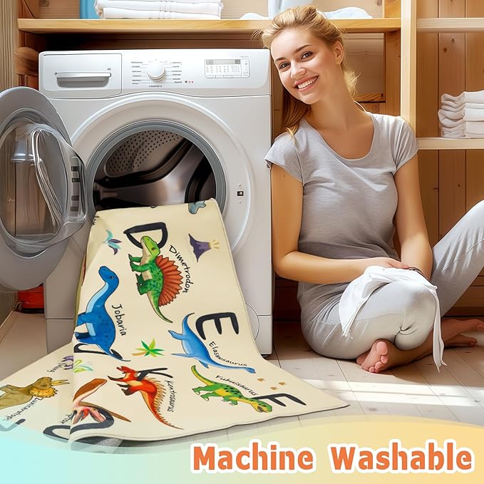 Kids Rugs for Playroom, 5'x5' Round Educational Rug for Learn The ABC Alphabet, Soft Machine Washable Non-Slip Cute Dinosaur Carpet for Classroom Toddler Nursery Kids Room Decor Mat, Beige