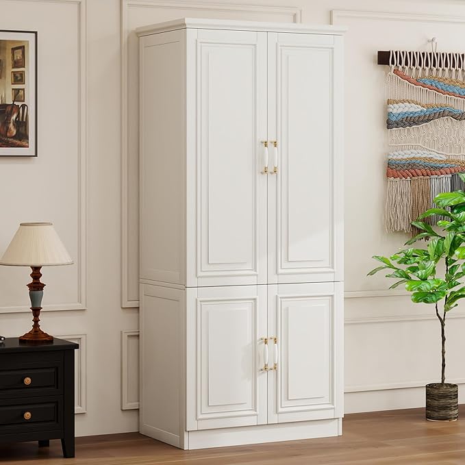 Solid Wood Wardrobe Closet:TemkTuek 70.87" Armoire,Clothing Storage Cabinet with Doors,Shelves and Hanging Rails,Vintage Freestanding,Bedroom,White(18)