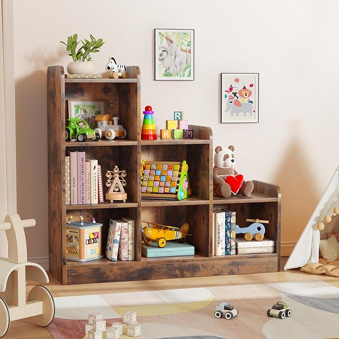 Montessori Shelf 6-Section Wooden Storage Cabinet, Kids Toy Storage Organizer Book Shelf for Kids Rooms, Classroom, Playroom, Nursery, Preschool Book Shelves