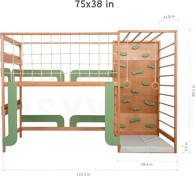 BUSY WOOD Montessori Twin Bunk Bed for Toddlers - Jungle Gym Bed for Sleeping and Climbing