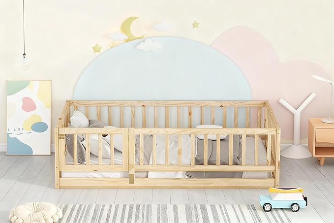 Twin Size Montessori Floor Bed with Rails & Door - 77" x 41.5"x 21.5" Wooden Low Profile Toddler Bed Frame, Natural Oak Finish