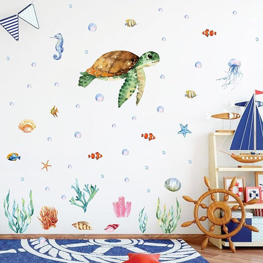 Large Summer Ocean Window Clings Decals, Watercolor Sea Turtle Jellyfish Bubbles Wall Stickers, Peel and Stick Ocean Anmial Wall Decor for Bedroom Bathroom Window School Nursery Decoration