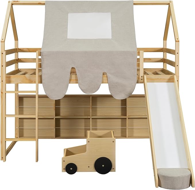 Playhouse Design Twin Size Wood Loft Bed with Slide and Tent, Low Loft House Bed Frame with Storage Shelves and Removable Car-shaped Staircase for Kids Teens Boys Girls Bedroom (Natural+Beige)