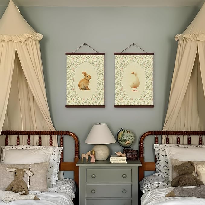 Wheatwin Nursery Decor, Vintage Baby Girl Nursery Wall Decor for Playroom Girls Boys Kids Room Bedroom, Animal Rabbit Goose Wildflower Floral Canvas Pictures Framed Art Decorations 12x16