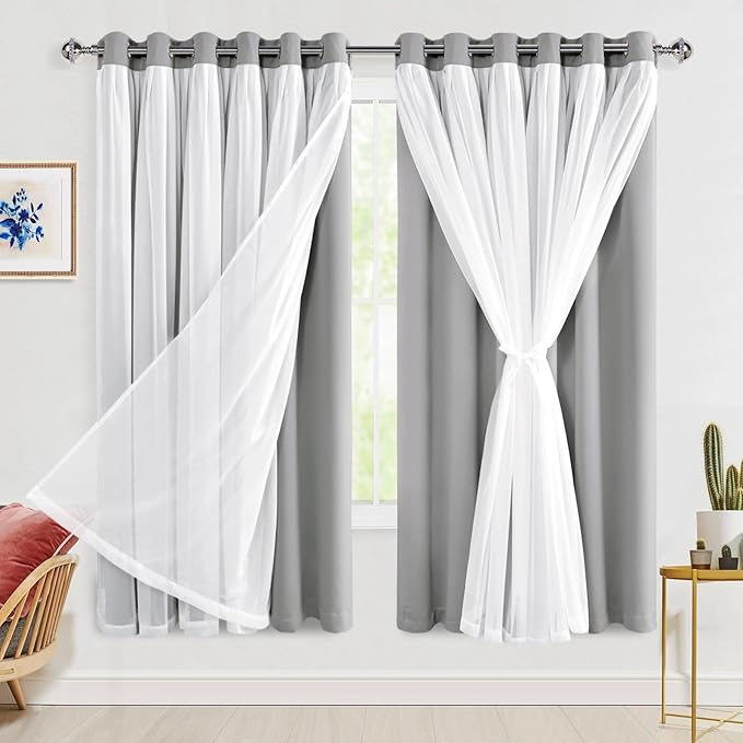 Hiasan Blackout Curtains with Sheer Overlay, Thermal Insulated Privacy Double Layer Mix & Match Window Curtains for Bedroom, Living Room, Dining 2 Drape Panels with Tiebacks, Silver Grey, 70W X 63L