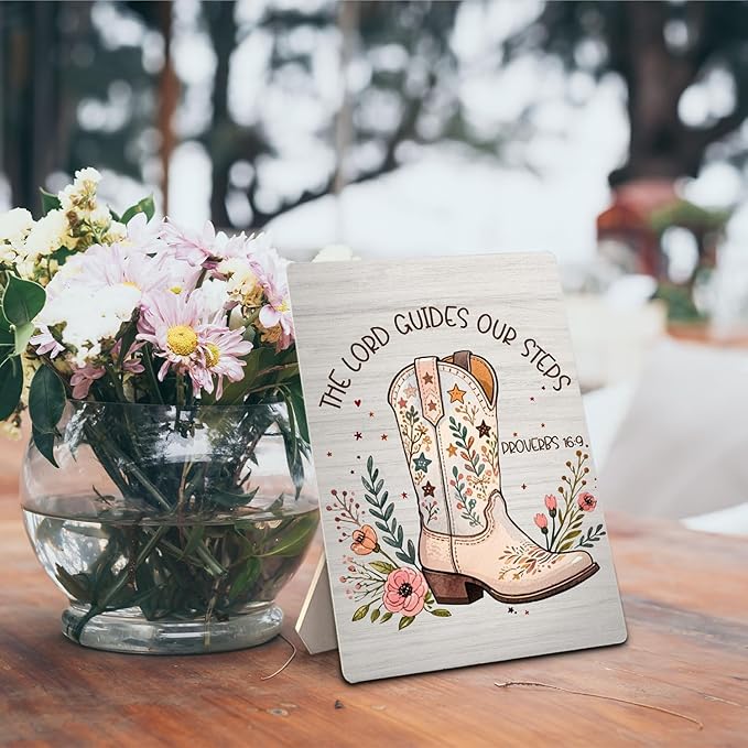 Western Christian Sign, Proverbs 16:9 Bible Verse Floral Cowgirl Boot Wooden Stand Sign 5x7 Inch, Western Religious Decorations for Girls Bedroom Dorm Home Church Desk Table Decor