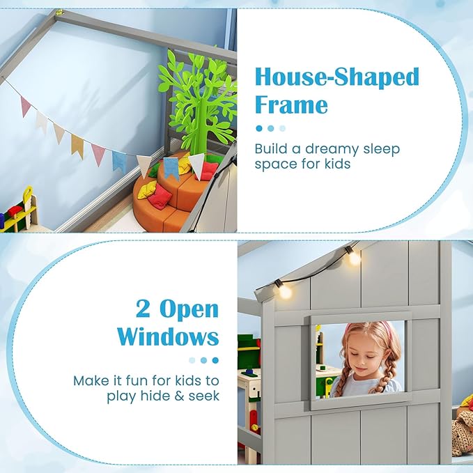 Twin Montessori Floor Bed with Roof, LED Light, Wood House Bed Frame with Headboard and 2 Windows, Low to Ground Cute Playhouse Bed for Kids, Girls, Boys, Without Slats (Grey)