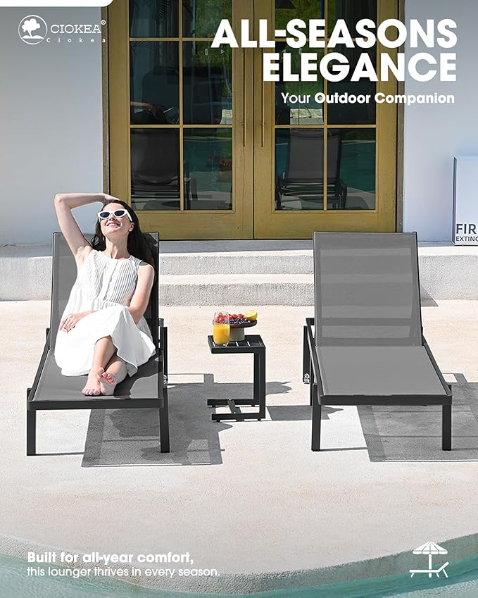 Ciokea Patio Chaise Lounge Chair Set of 2, Outdoor Lounge Chairs with Wheels, 5-Position Adjustable Sun Loungers for Pool, Deck, Beach,Grey