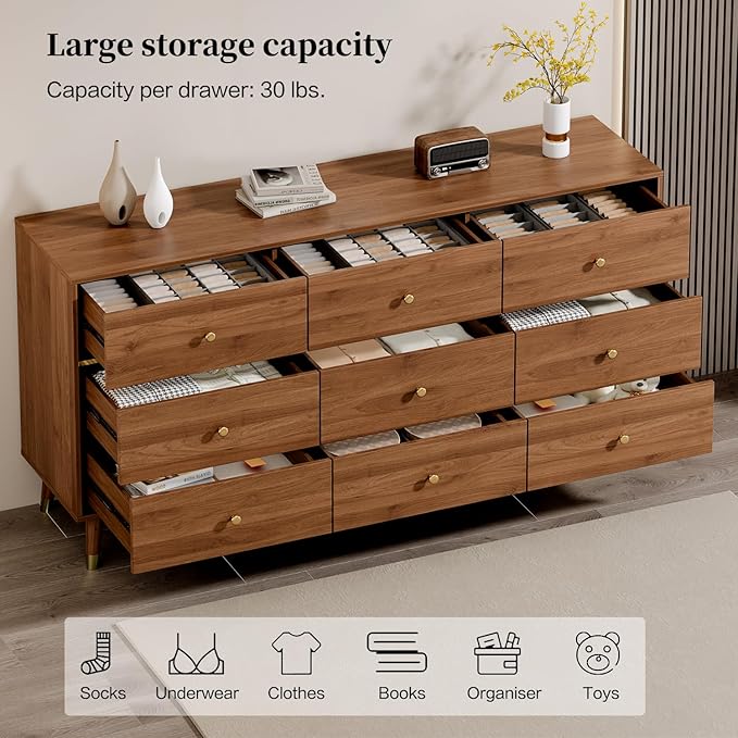 9 Drawer Dresser,63" Wide Mid Century Modern Chest of Drawers,Wooden Bedroom Drawer Dresser with 9 Storage Drawers for Bedroom, Living Room,with Anti-Tipping Device,Tan