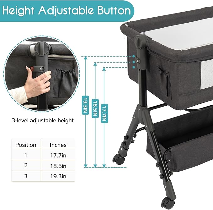 Baby Bassinet, Bedside Bassinet for Baby, 3 in 1 Bassinet Bedside Sleeper with Wheels, Mosquito Net, Adjustable Easy Folding Portable Bed for Infant Newborn (Dark Grey)