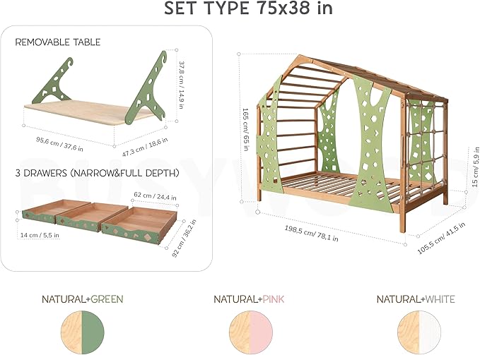 BUSY WOOD Monkey Bed – Twin Frame with Storage & Desk – Montessori Indoor Playground – Jungle Gym Furniture for Kids – Toddler Sleeping Frame with Drawers & Removable Table