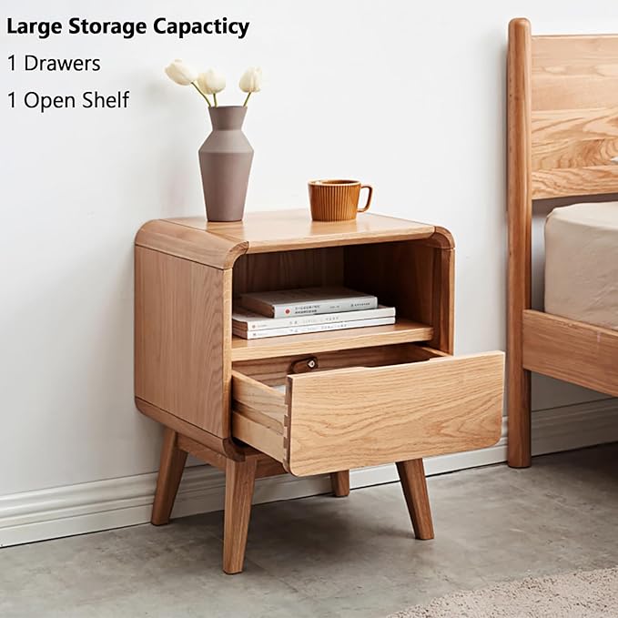 Solid Wood Nightstand Set of 2, Mid Century Modern Nightstands with Drawer, Small Nightstand with Open Storage, Small Bedside Table for Bedroom, Dormitory(Natural Wood Color)