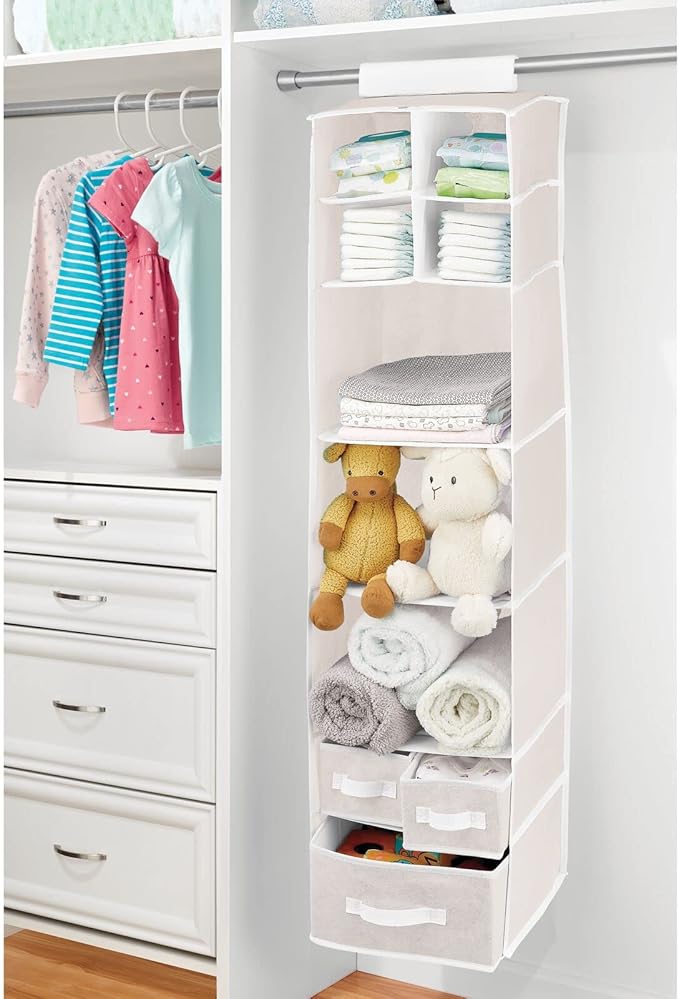 mDesign Fabric Hanging Organizer - Over Closet Rod Storage - 7 Shelves/3 Removable Drawers for Baby Nursery Bedroom Organization, Hold Clothes, Linens, Toys, Accessories, Jane Collection, Cream/White