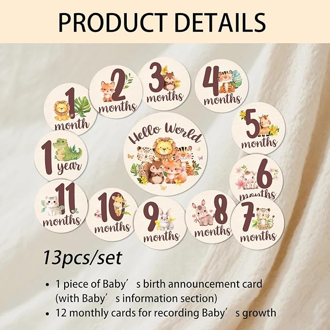 Baby Monthly Milestone Cards Sign - 13 Double Sided Little Animals Milestone Cards, Fox Pattern Wooden Circles Discs for Photo Props Cat Newborn Announcement Marker, Baby Shower Newborn Sign Gift Set