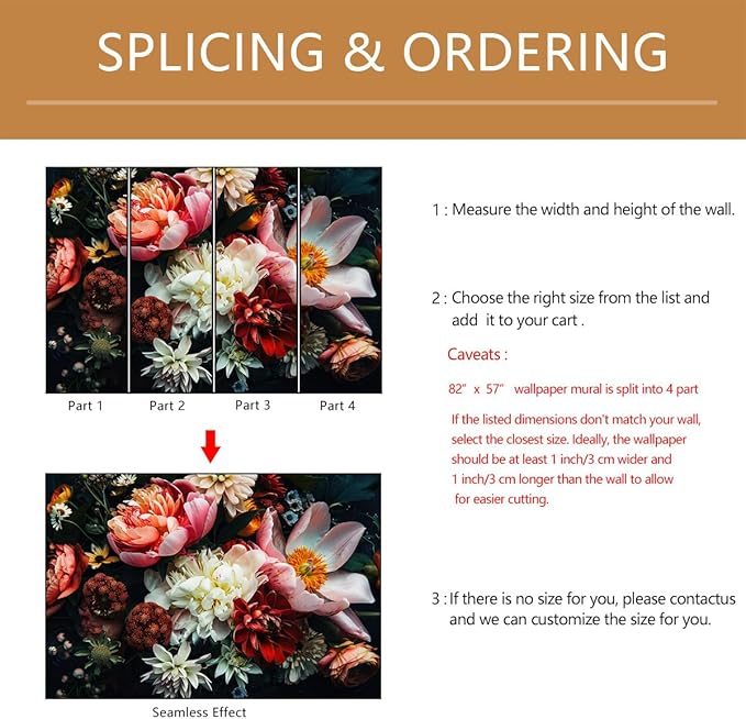 Dark Floral Wallpaper Peel and Stick Large Peony Flower Self Adhesive Wall Mural for Bedroom 82"x57"