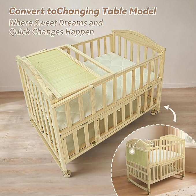 Portable Mini Baby Crib - Cunas para Bebes with Changing Shelf and Mattress Included,2025 Wheeled Wood Baby Bassinet,Bassinet Bedside Co Sleeper for Small Room,Unpainted
