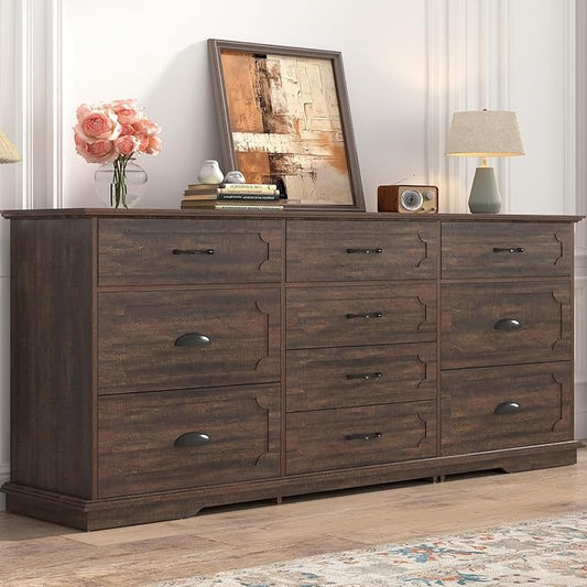 70inch Large Long Dresser w/Charging Station,10 Drawer Dresser w/Deep Big Drawers,Wooden Chest of Drawers w/Power Outlet,Brown Dressers for Bedroom,Living Room,Entryway