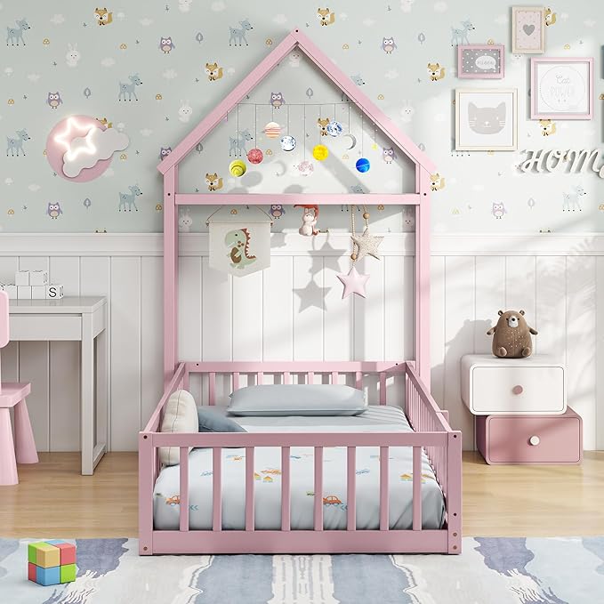 MAT EXPERT Twin Floor Bed with House-Shaped Headboard, Montessori Kids Bed with Detachable Clothes Hanger, Full Length Safety Guardrails, Solid Wood Twin Bed Frames for Kids (Pink)
