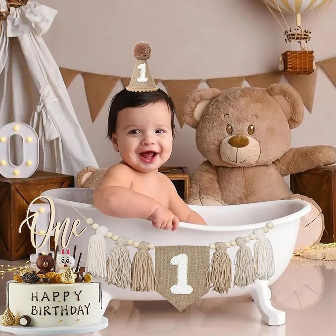 1st Birthday Decorations Boys High Chair Banner With One Cake Topper Brown Conical Hat For First Party
