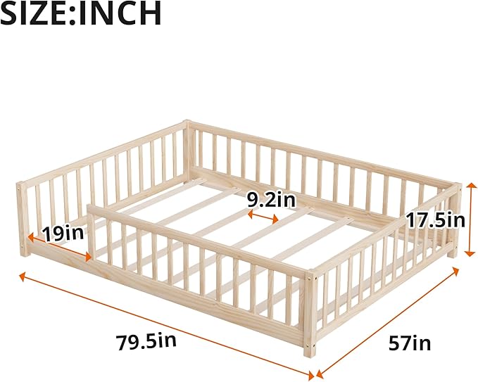 LLS Full Floor Bed for Kids Toddlers, Solid Wood Multifunctional Montessori Bed Frame with Safety Guardrails, Without Door, Easy Assemble, Natural