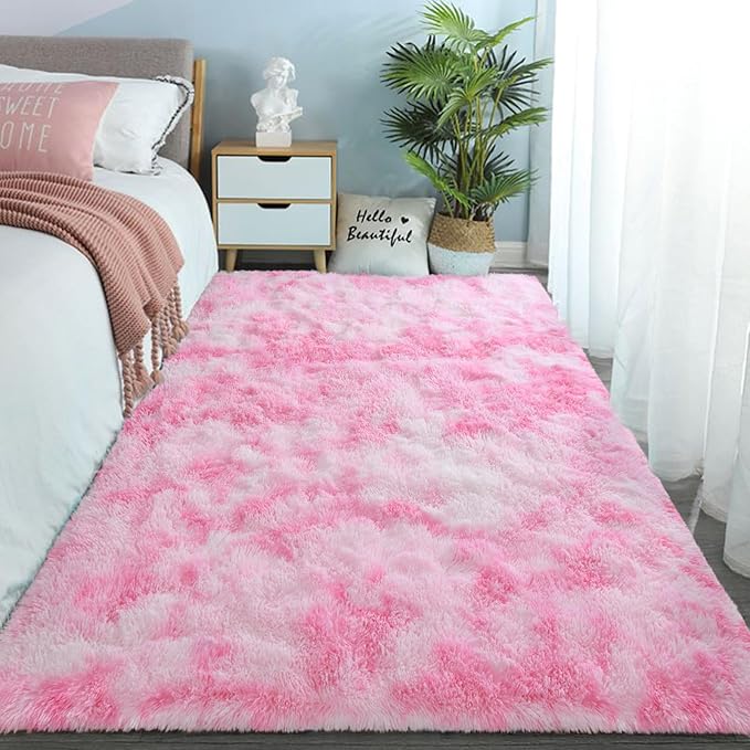 DweIke Fluffy Pink White Rugs for Bedroom Living Room, 6x9 Large Soft Plush Shaggy Tie-Dyed Pink Girls Boys Kids Rug, Non-Slip and Machine Washable Carpet for Dorm Nursery Classroom Decor