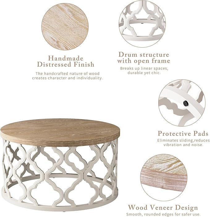 karlott Farmhouse Coffee Table, French Country Round Coffee Table, Coastal Coffee Table with Distressed Top, Boho Coffee Table with Curved Motif Frame Base for Living Room, Dining Room, Bedroom