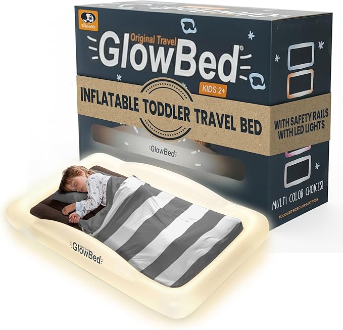 Inflatable Toddler Travel Bed with Safety Bumpers LED Lights with Remote Portable Toddler Bed Kids Air Mattress Toddler Air Mattress Blow Up Bed Glowing Halo of Light Make Fear Disappear