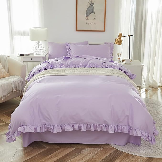 Brandream Kid's Duvet Cover Twin/Twin XL Size 100% Cotton 2pcs Girl Bedding Duvet Cover Shams Set, Delicate Ruffle Fringe Solid Color Soft and Breathable (Purple)