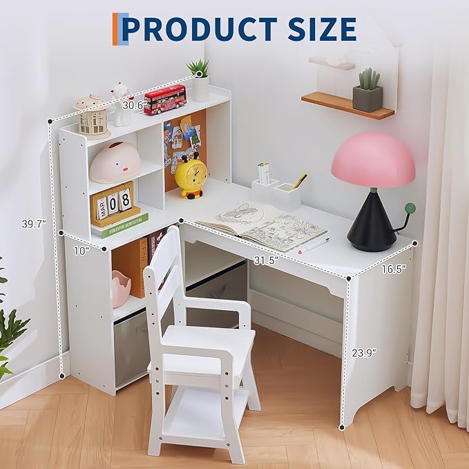 Garvee Kids Corner Desk, Desk and Chair Set for Children, L Shape Kids Study Table - Features Bulletin Board Open Shelves & Storage Cabinets and Cloth Drawers, White