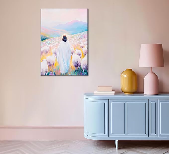 Pink Jesus Canvas Wall Art Christian Jesus And Lamb Shepherd Bible Stories Painting Picture Religious Beliefs Poster Print Artwork for Living Room Bedroom Church Home Decoration