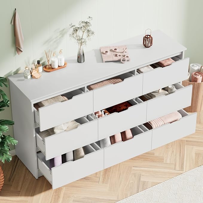 CARPETNAL 9 Drawer White Dresser for Bedroom with Deep Drawers, Large Dressers & Chest of Drawers Handle Free, Modern Long Dressers for Closet Bedroom, Living Room (59.25" W x 15.9" D x 31.9" H)
