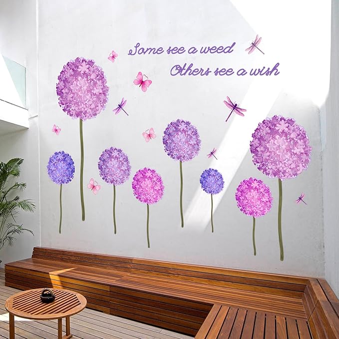 Dandelion Plant Wall Decals Flying Butterfly Dragonfly Wall Stickers Removable Violet Hydrangea Floral Wall Decor for Living Room Kids Bedroom Girls Bedroom Home Wall Decor