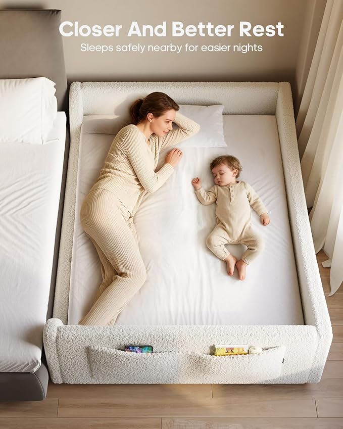 Full Floor Bed, Low Montessori 2-in-1 Convertible Beds, with Slats and High Rails, Upholstered Teddy Boucle, Curve Round Frame for Girls and Boys, No Box Spring Needed, Easy Assemble, Beige