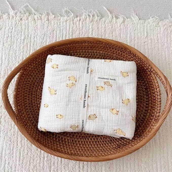 BuLuTu Cute Duck Pattern Baby Blanket Muslin Toddler Quilt Blankets Boys Girls Breathable Cotton Baby Bedding Thin Nursery Blanket for Summer, Shower Gift, 47"x51"