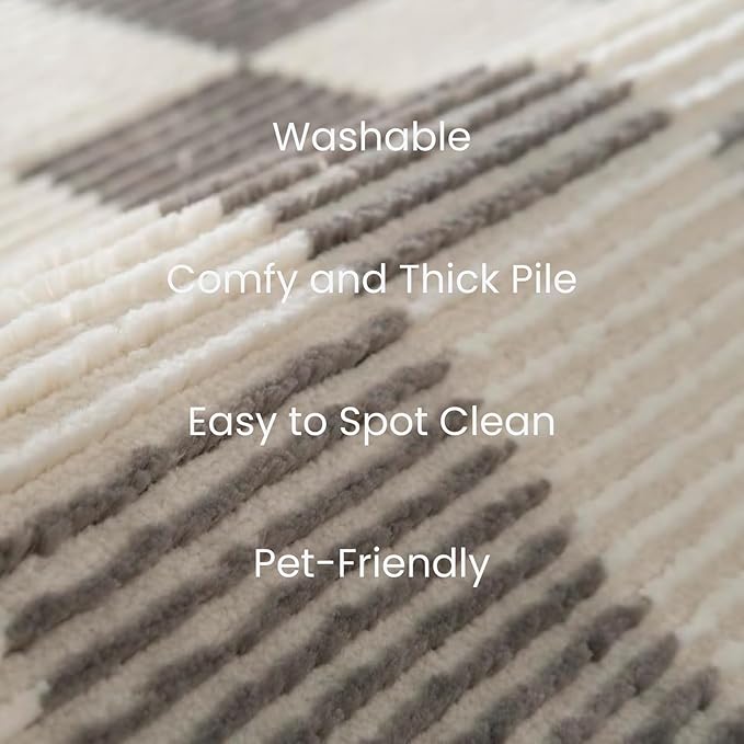 Revival Rugs Gambit 3'11" x 6'1" Checkered Rug Machine Washable Area Rug for Kitchen Bedroom - 100% Recycled Oeko-TEX Certified, Medium Pile, Gray, Beige