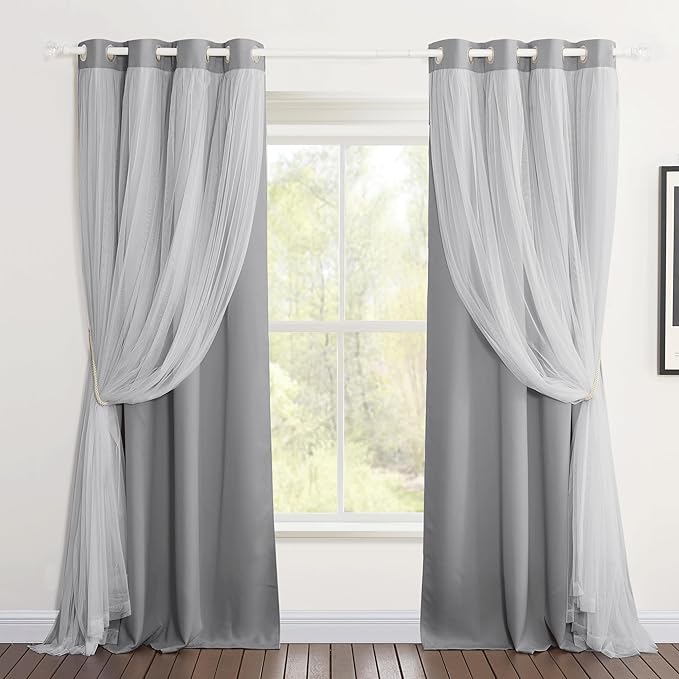 PONY DANCE Double-Layered Curtains White Sheer Solid Blackout Curtains 72 Inch Length Grommet Thermal Insulated Panels for Nursery Living Room/Sliding Glass Door (W52xL72, Silver Grey, One Pair)