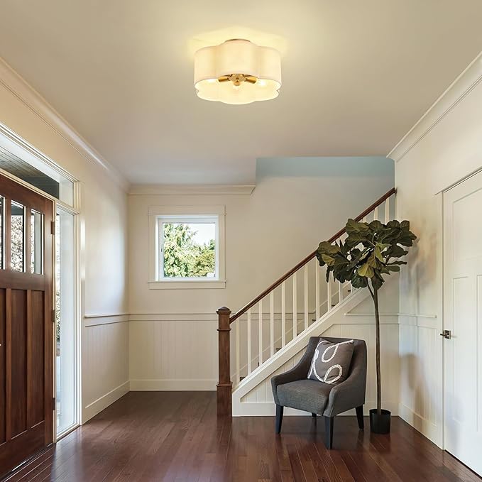 Gold 6-Light Semi Flush Mount Ceiling Light, White Fabric Close to Ceiling Light Fixtures, Clover Drum Ceiling lamp