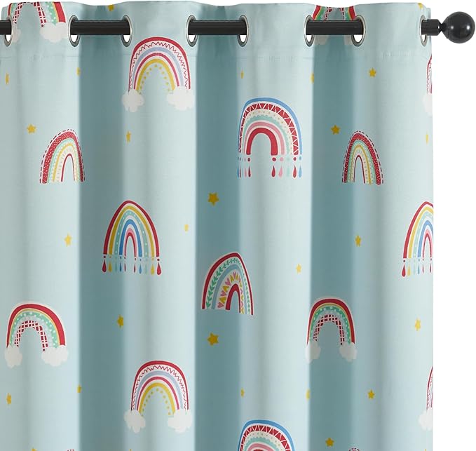 Vangao Boho Girls Blackout Curtains Pastel Blue for Kids Room 63 Inch Length, Rainbow Window Drapes for Living Room Nursery Thermal Grommet Insulated Room Darkening Curtains Bedroom, 2 Panels