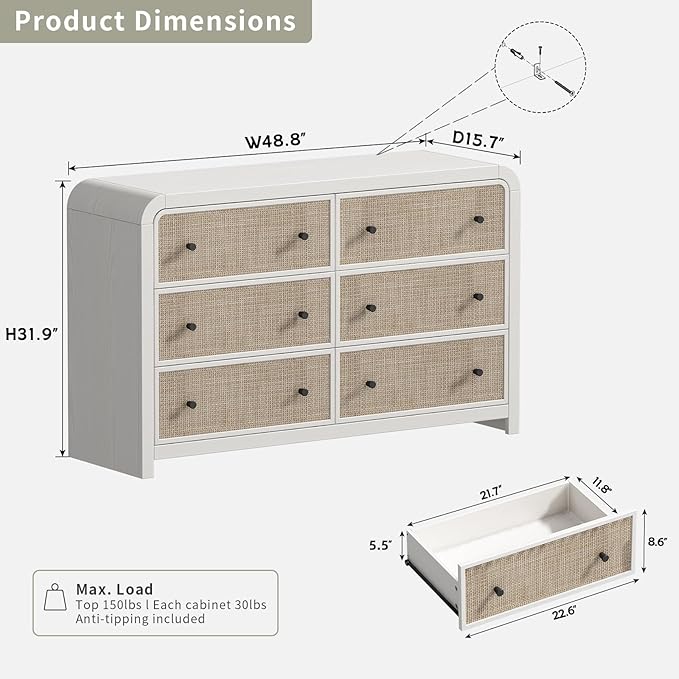 Oak&Sparrow 6 Drawer Dresser for Bedroom, 49'' Rattan Dresser with Ample Storage, Boho Chest of Drawers, Thickened Curved Profile Design, Oak Dressers for Bedroom, Living Room