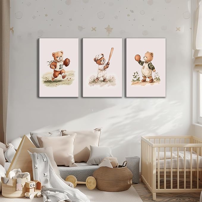 3Pcs Nursery Bear Canvas Wall Art Nursery Animal Poster Prints Teddy Bear Painting Boy Sports Picture Football Basketball Kids Room Artwork Wall Decor for Children Bedroom Playroom 16x24in Framed