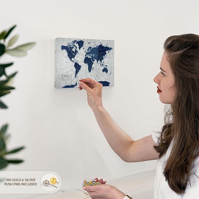 ElephantStock - My World Push Pin Map V Wall Art - Horizontal Canvas Wall Art - Living Room Wall Decor - Unique Map Canvas Art - Gray And Blue Decor - 12" x 8"