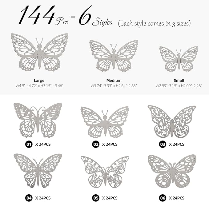 144 Pcs 3D Butterfly Wall Stickers Decor 6 Styles 3 Sizes, Silver Removable Butterfly Decals Room Wall Decor for Kids Nursery Classroom, Wedding, Party, Baby Shower