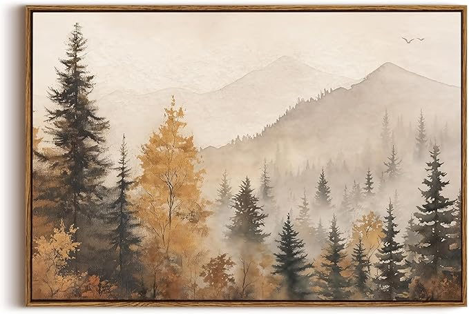 OIQArtOIQ Vintage Framed Wall Art Autumn Mountain Landscape Canvas Art Prints Fall Forest Rustic Farmhouse Pictures Wall Decor Modern Cottagecore Paintings Artwork For Bedroom Bathroom Living Room