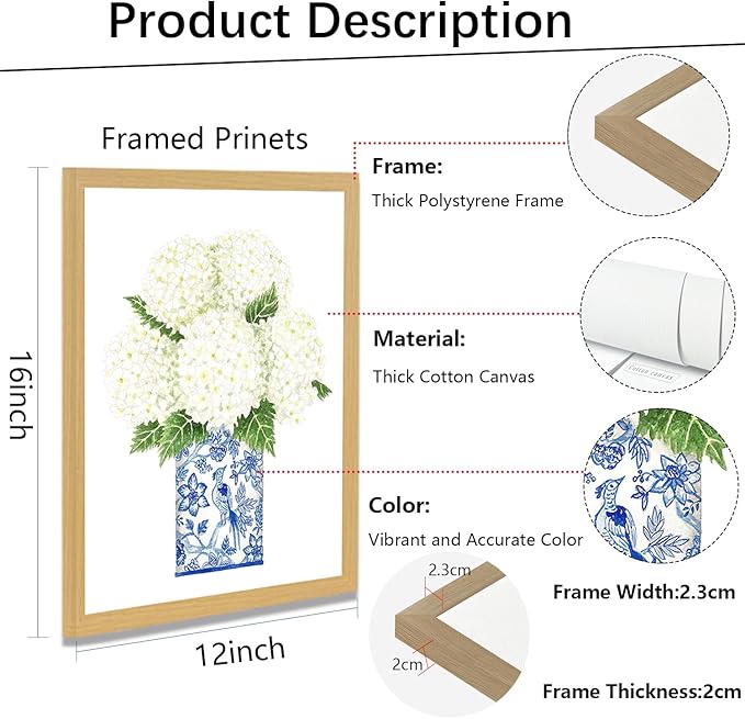 LUHDFYS Blue White Willow Style Ginger Jar Watercolor Chinoiserie Decor Canvas Painting Orchid Oriental Vase Porcelain Flower Jar Prints Polystyrene frame (12x16Inch Framed)