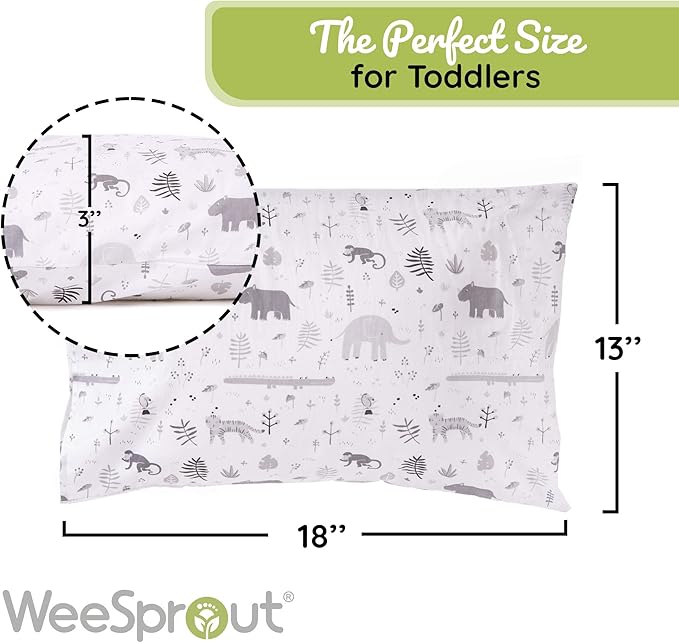 WeeSprout Mini Toddler Pillow for Kids Sleeping - Organic Cotton Shell & Pillowcase with Soft & Supportive Polyfiber Filling – Good for Travel, Machine Washable, 18 x 13 x 3, Safari
