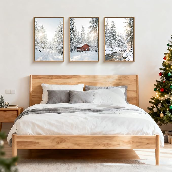 FWIEXA Christmas Winter Canvas Wall Art Set 3, Red Cabin Snowy Forest Framed Prints, Pine Tree Stream Landscape Paintings, 24x36In Country Barn Artwork for Holiday,Gift,Living Room,Bedroom,Farmhouse