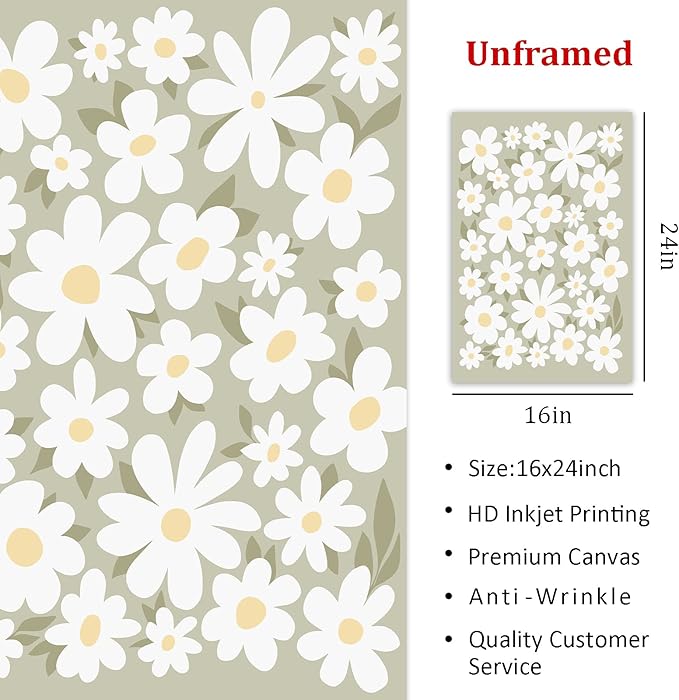 Daisies Canvas Wall Art Modern Flower Painting White Daisy Picture Minimalist Flower Posters Green Floral Painting Rustic Botanical Wall Art White Flower Pictures for Living Room Bedroom 16x24in