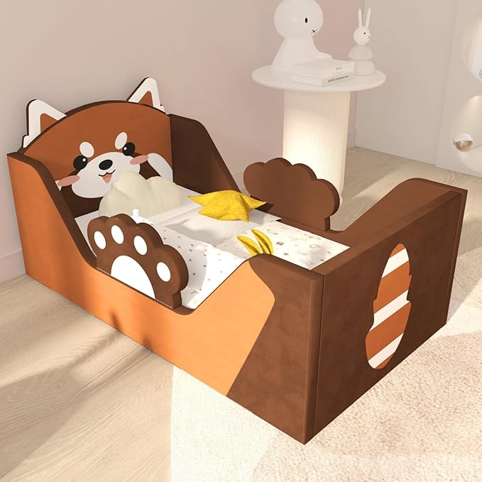 Toddler Bed, Child Bed for Kids with Extra Safty Broad, Standard Crib Size AnimalToddler Bed, Certified Fabric Toddler Beds,Toddler Floor Beds (Redpanda)